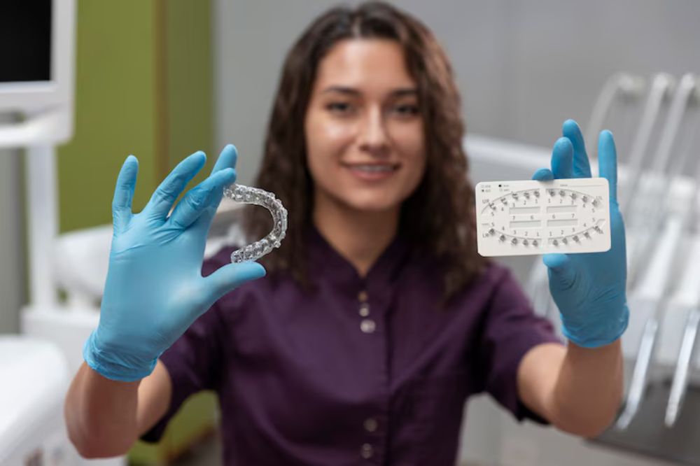 a lady dentist showing invisalign braces